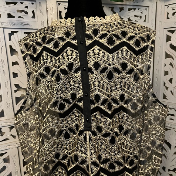 CATO GORGEOUS GOLD METALLIC EMBROIDERY WITH SHEER BLACK MESH SLEEVELESS PLUS TOP - Picture 7 of 13